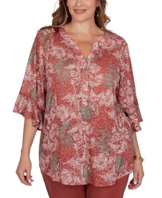 Plus Size Tropical Floral Burnout Split Neck Top