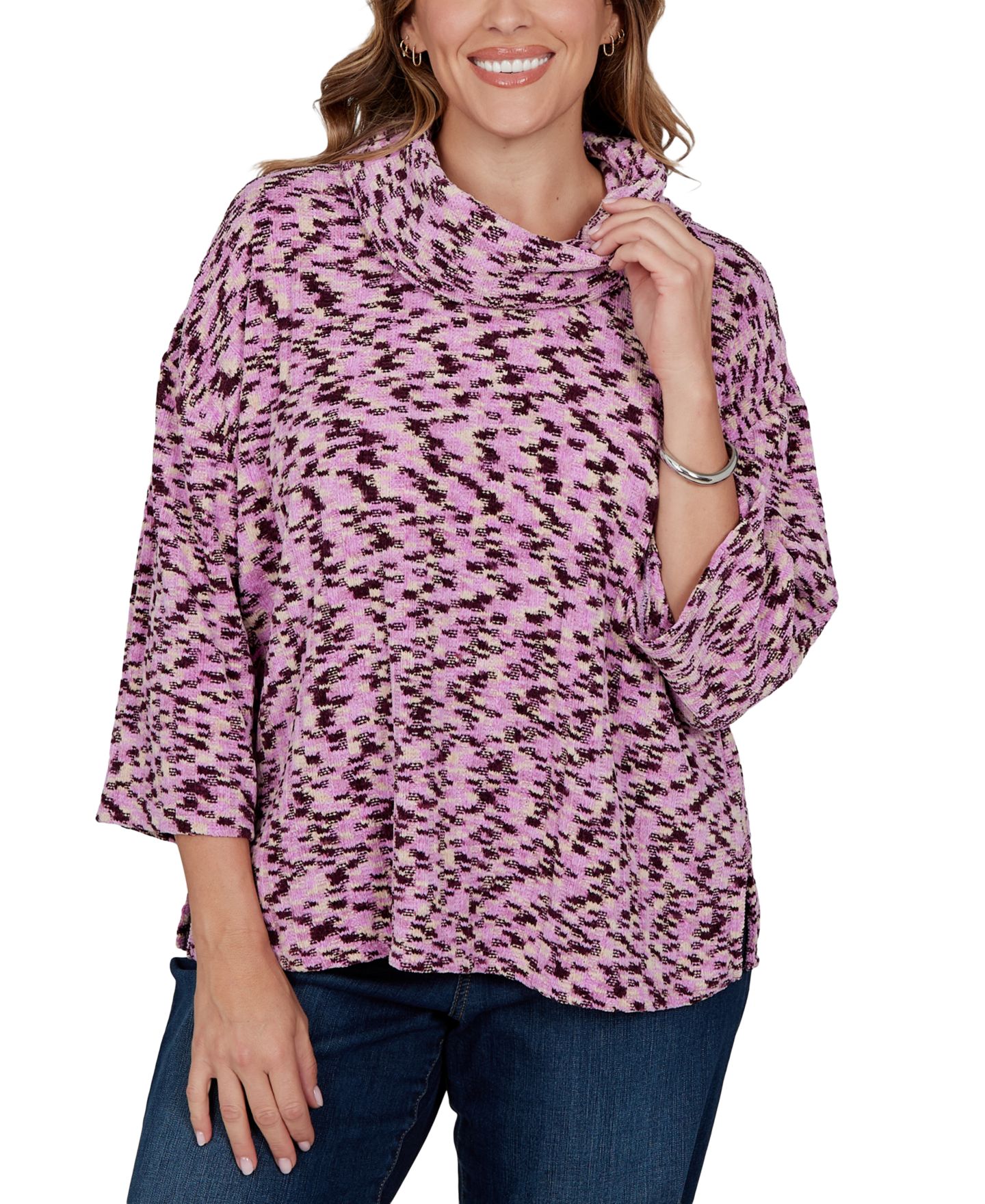 Женский топ Ruby Rd. Plus Size Cowl Neck 3/4-Sleeve Spacedye Knit, цвет: Инжирный разноцветный — фото 1