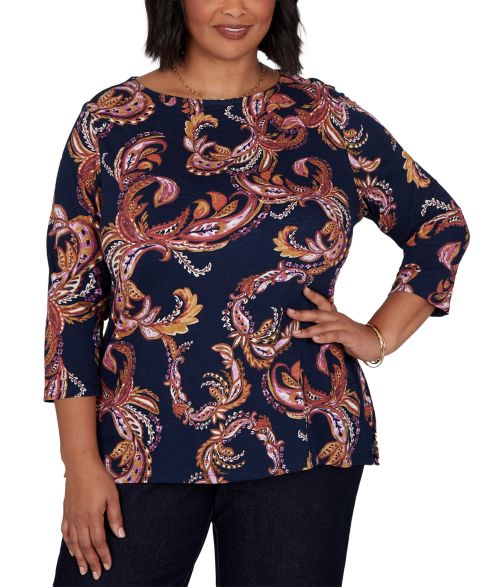 Женская футболка Ruby Rd. Plus Size Paisley 3/4-Sleeve Boat-Neck, цвет: Тёмно-синий разноцветный