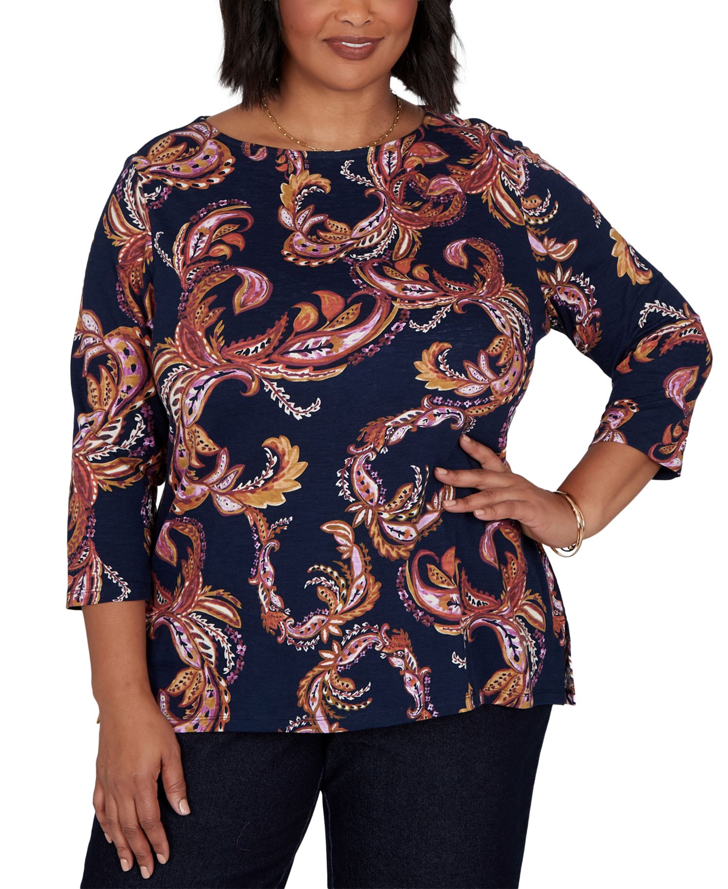 Plus Size Paisley 3/4-Sleeve Boat-Neck T-Shirt