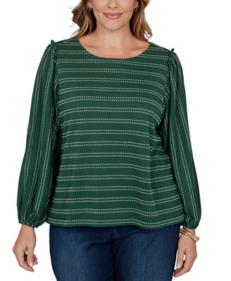Plus Size Dobby Stripe Long-Sleeve Boat Neck Blouse