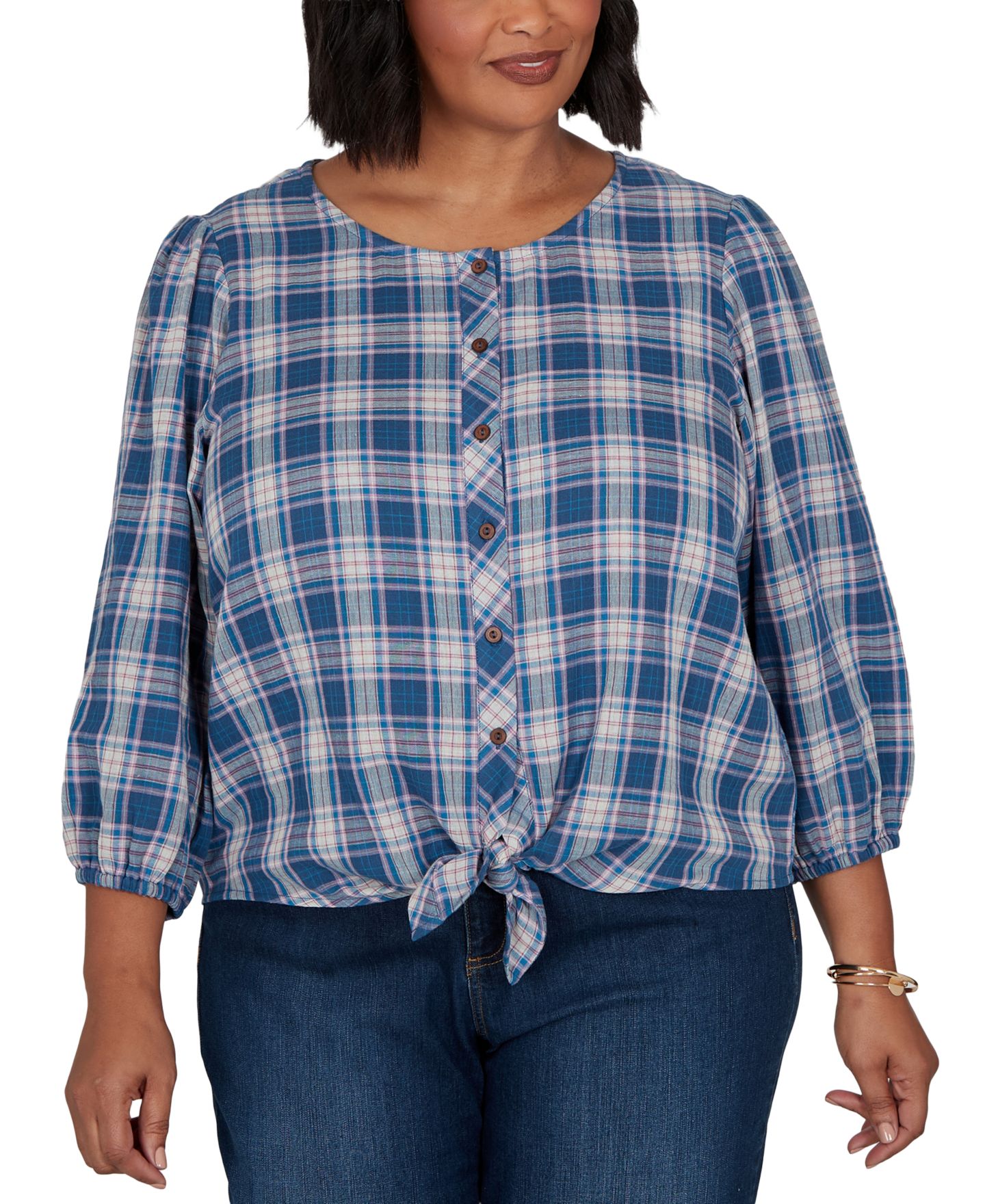 Женский топ Ruby Rd. Plus Size Homestead Plaid 3/4-Sleeve Button-Front, цвет: Разноцветный — фото 1
