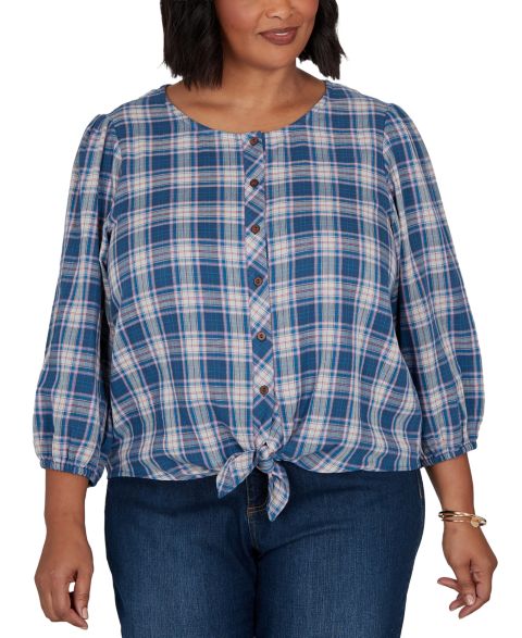 Женский топ Ruby Rd. Plus Size Homestead Plaid 3/4-Sleeve Button-Front, цвет: Разноцветный
