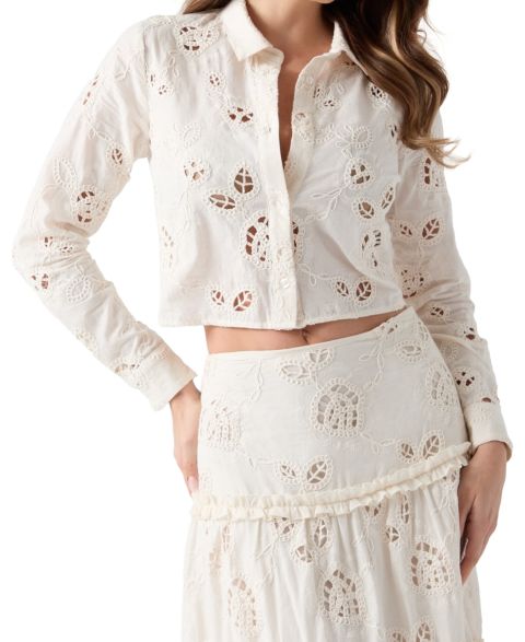 Женская рубашка GUESS Lenora Cropped Long-Sleeve Button-Up, цвет: Кремовый белый