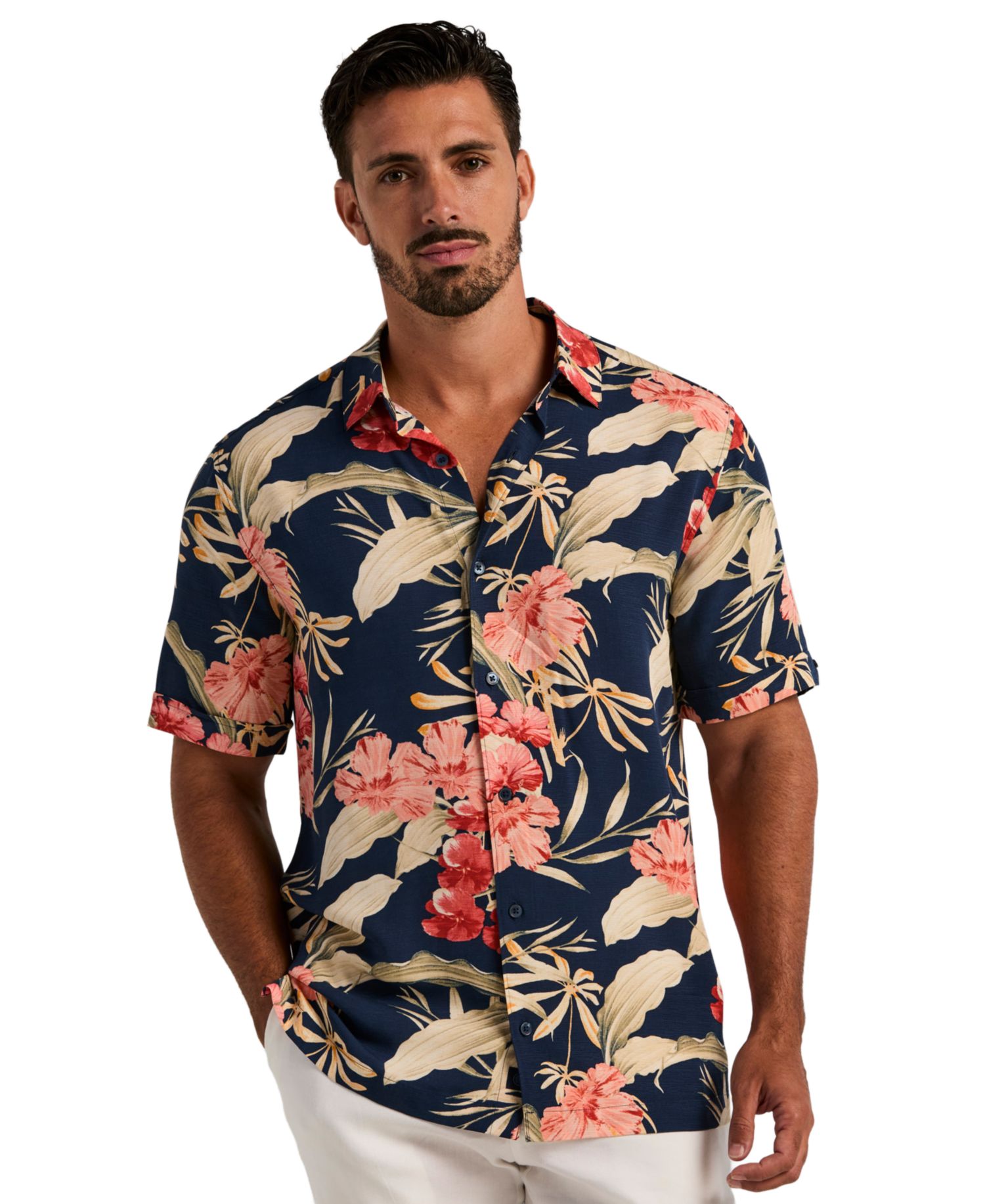 Men's Tropical Floral Print Button-Front Shirt