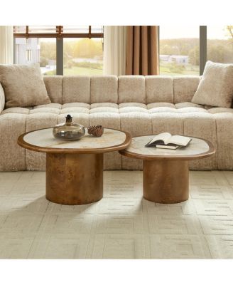 Burl Wood Veneer and Sintered Stone Irregular Coffee Table Set (2-Piece)