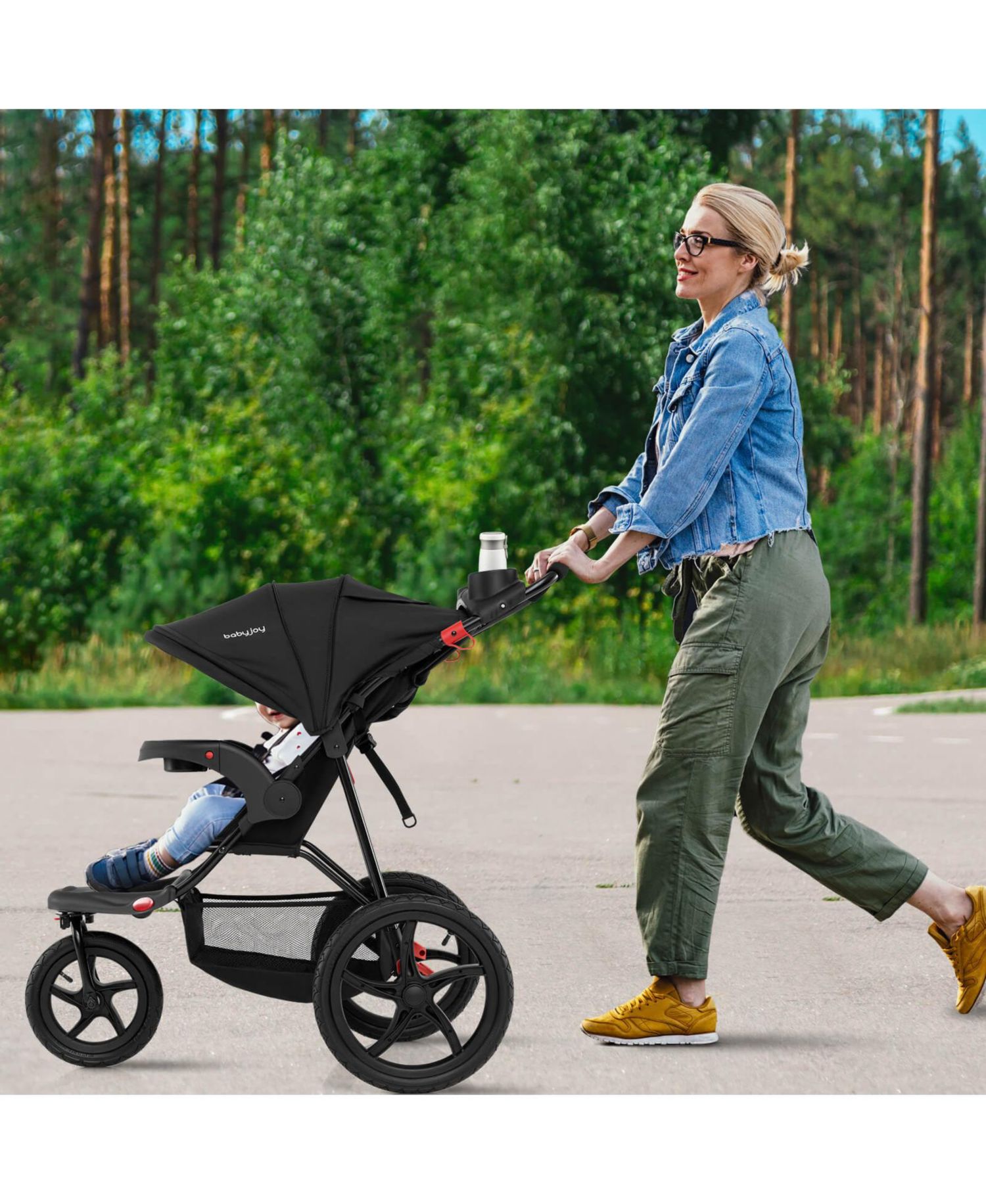 Jogging Stroller Foldable Jogger with Adjustable Canopy Detachable Tray Cup
