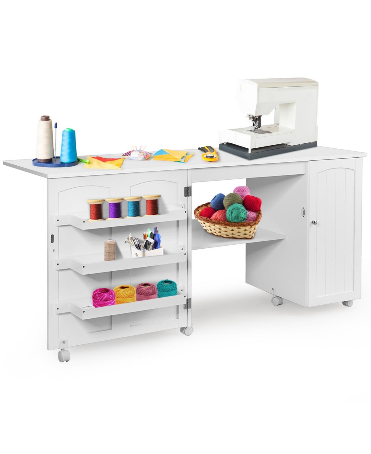 Mecale Folding Sewing Table Shelves Storage Cabinet Craft Cart with Wheels