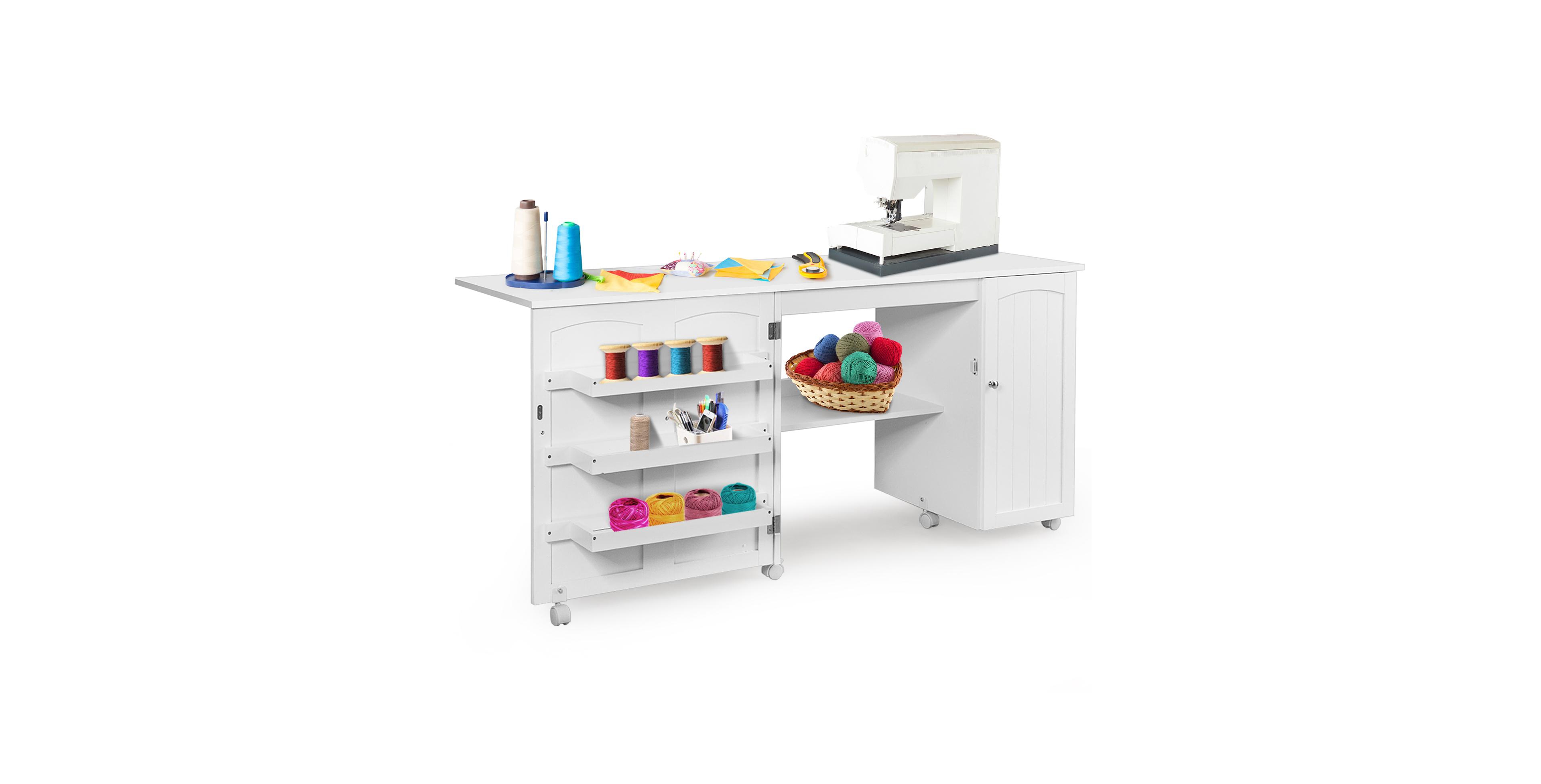 Mecale Folding Sewing Table Shelves Storage Cabinet Craft Cart with Wheels