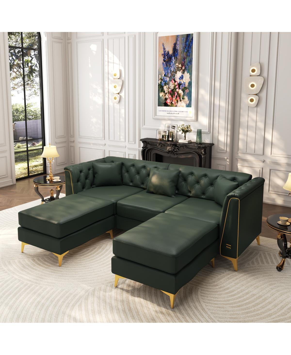 Streamdale Furniture Streamdale Green Faux Leather 3-Seater Chesterfield Modular Sofa with Metal Trim and Pillows