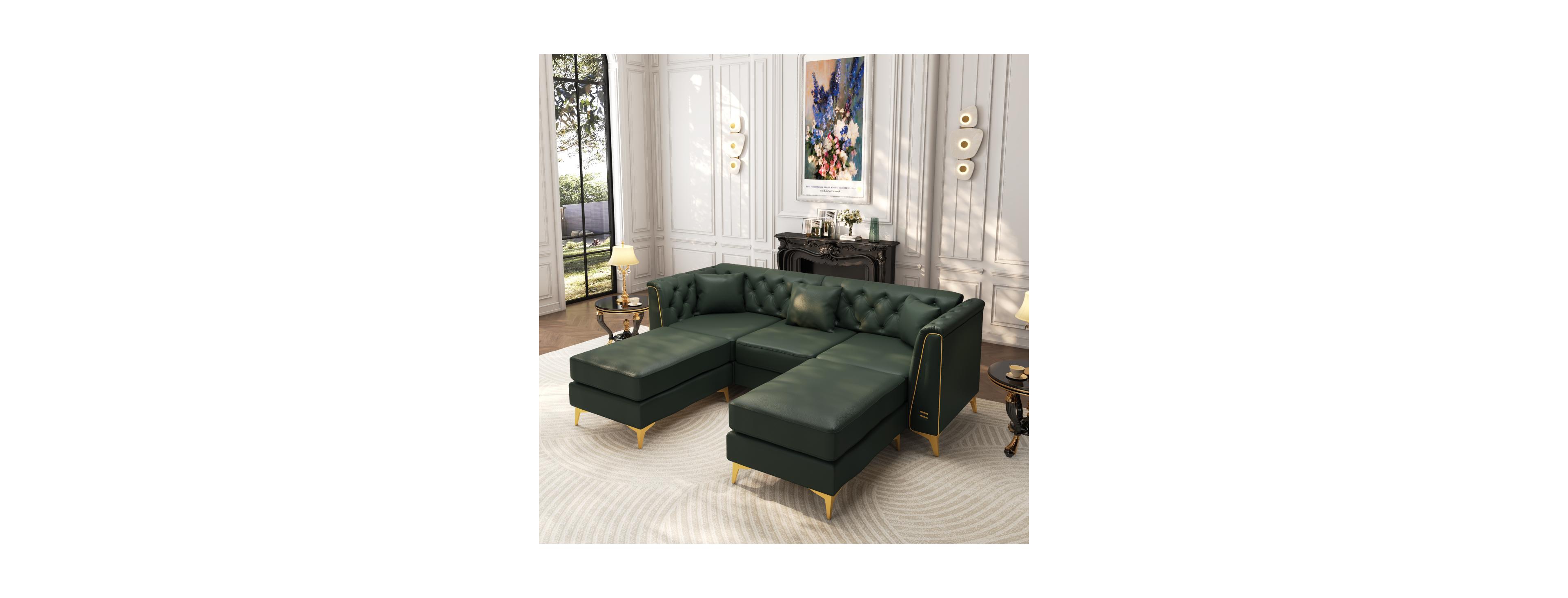 Streamdale Furniture Streamdale Green Faux Leather 3-Seater Chesterfield Modular Sofa with Metal Trim and Pillows