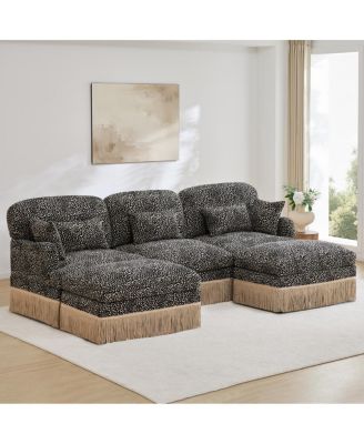 100" Chenille Leopard U-Shaped Sofa with Tassel Edge and Ottomans