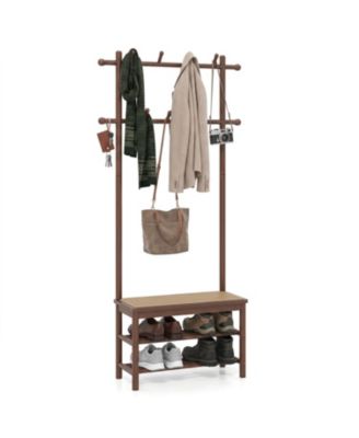 Bamboo Coat Rack PE Rattan Hall Tree with Bench and Shoe Storage 3 in 1 Entryway Bench