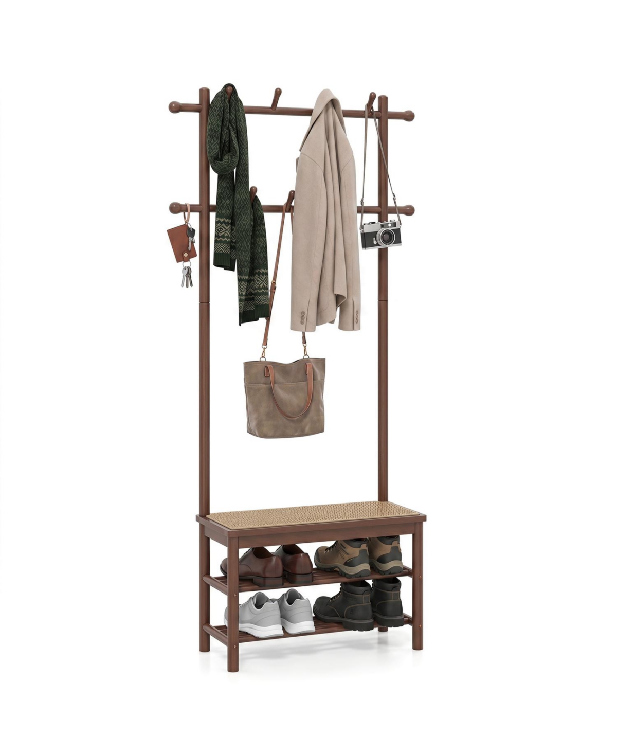Mecale Bamboo Coat Rack Pe Rattan Hall Tree with Bench and Shoe Storage 3 in 1 Entryway Bench - Brown