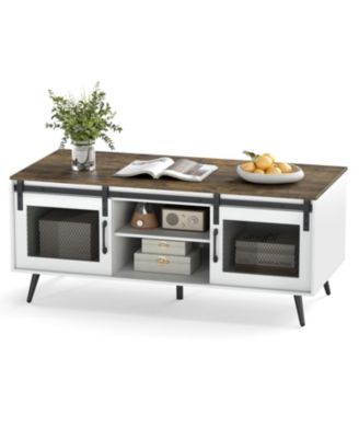 Farmhouse Coffee Table with Sliding Doors Rectangular with Adjustable Shelf Rustic