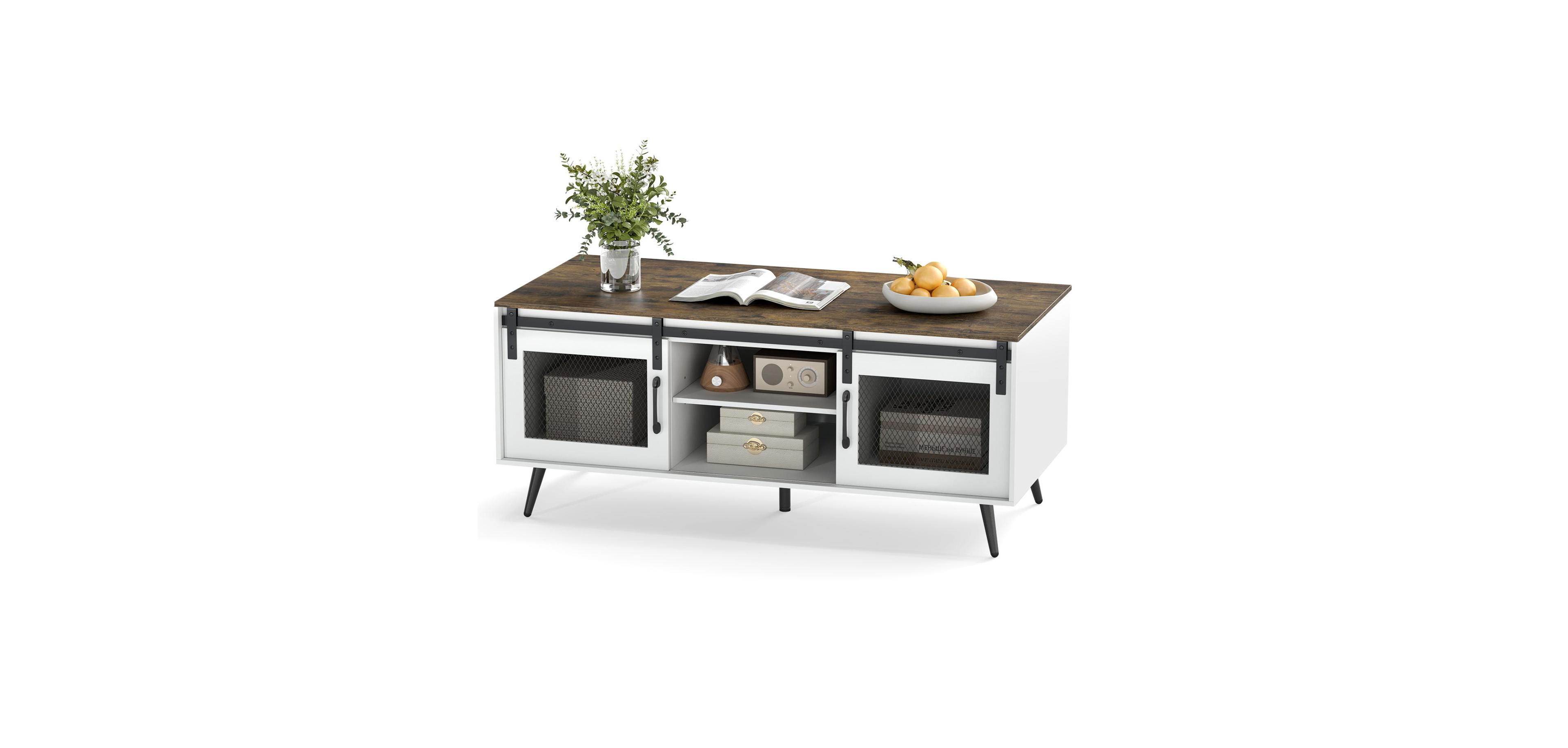 Mecale Farmhouse Coffee Table with Sliding Doors Rectangular with Adjustable Shelf Rustic