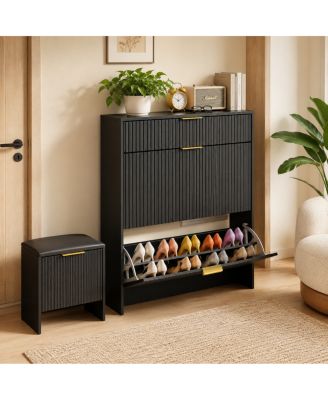 Shoe Storage Cabinet Set with Padded Shoe Bench and  Pulls