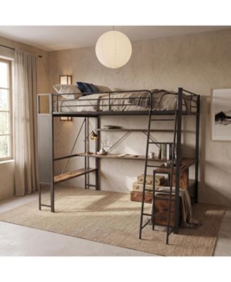 Loft Bed Frame with Desk, Vintage Brown Metal and MDF with Charging Station and Storage, for Bedroom Study Room