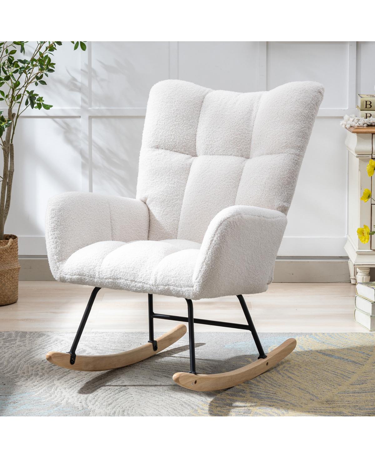 Streamdale Furniture Teddy Fabric Wingback Glider Rocker with Side Pocket - White