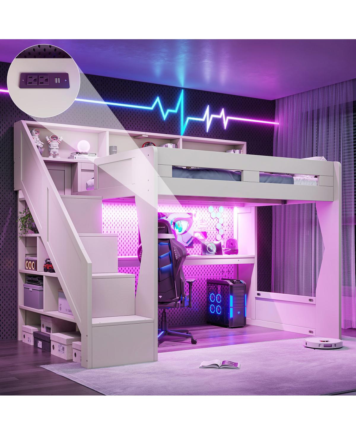 Streamdale Furniture Full Size Gaming Loft Bed with Stairs, Desk, Led Lights and Storage