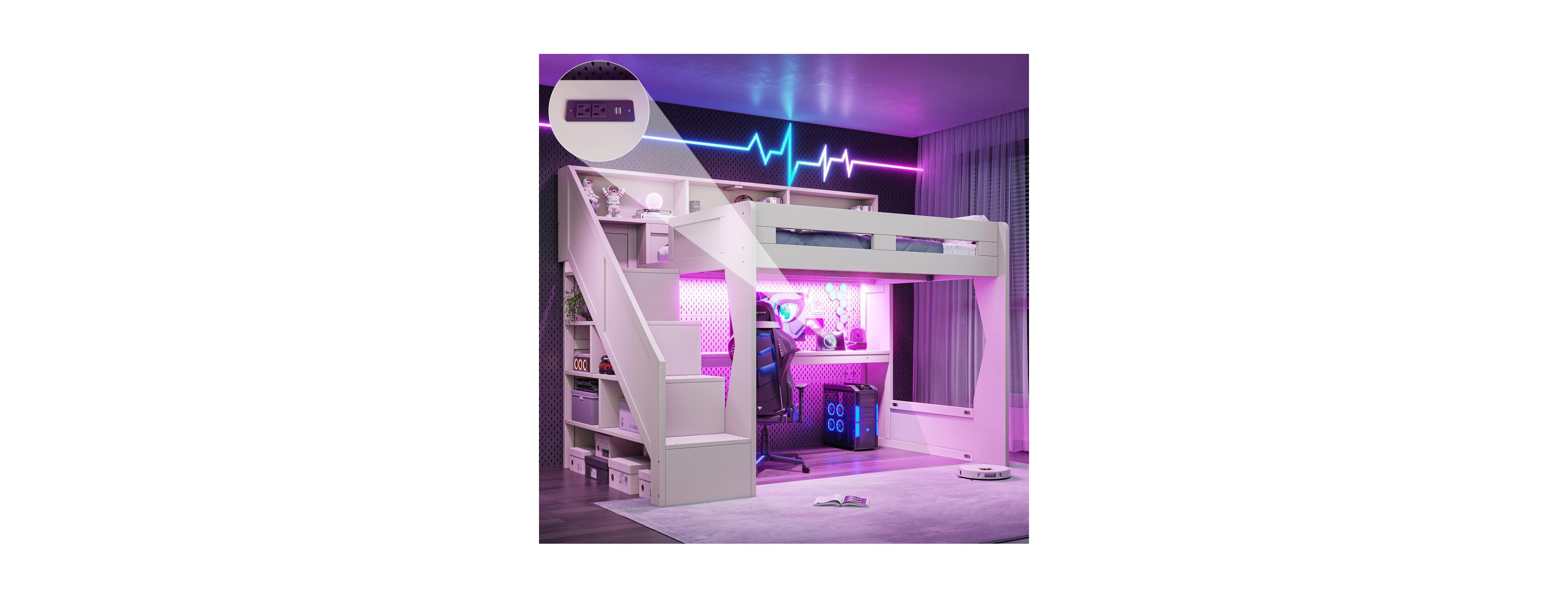 Streamdale Furniture Full Size Gaming Loft Bed with Stairs, Desk, Led Lights and Storage