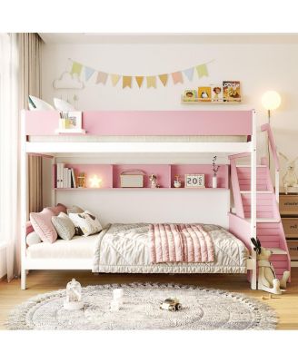 Full XL/Queen Bunk Bed with Striped Staircase and Shelves