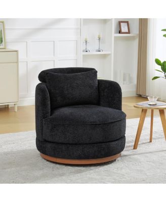Chenille 34" Swivel Barrel Chair with Pillow and Wooden Base Ring