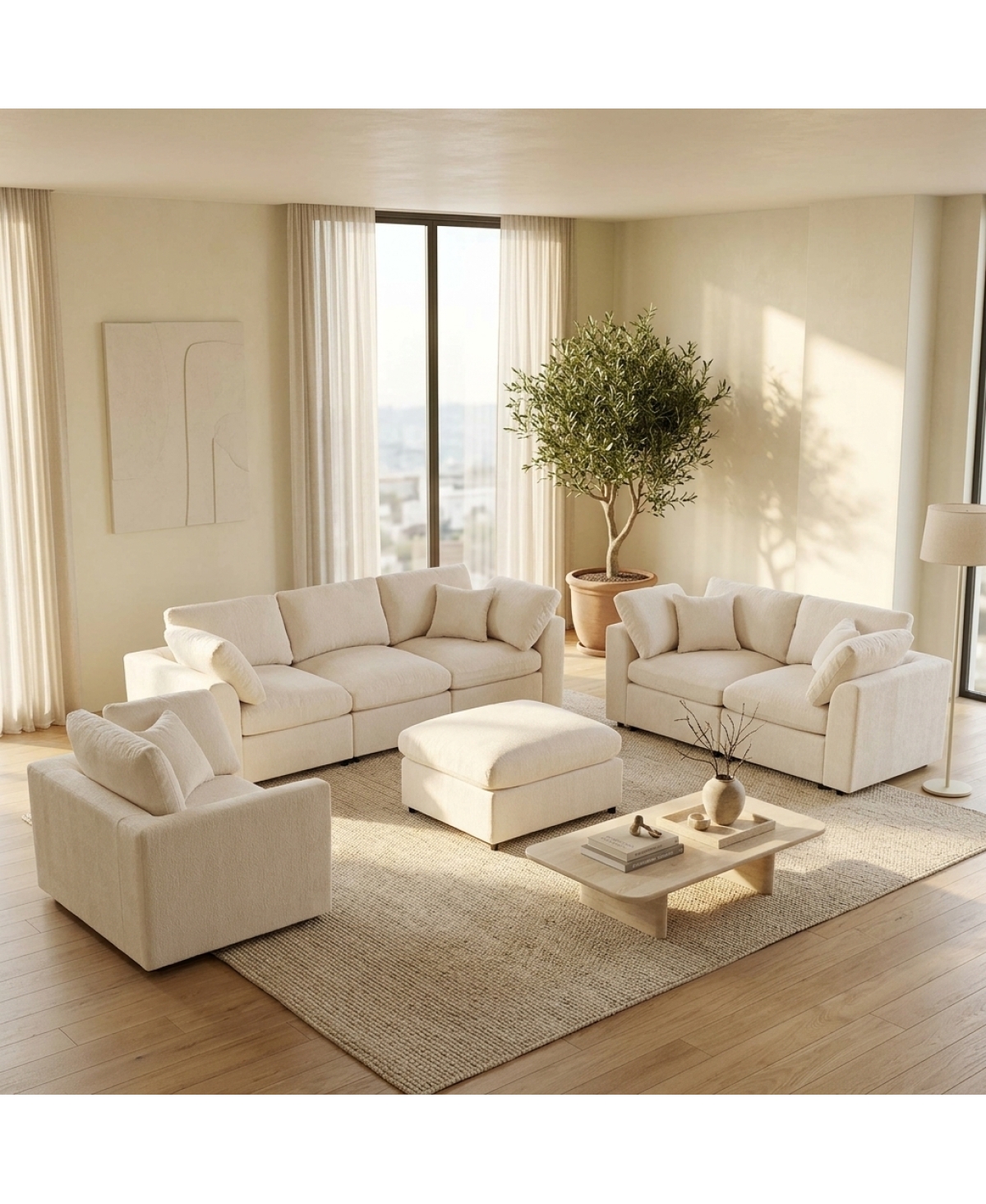 Streamdale Furniture 4-Piece Modular Chenille Sofa Set with Ottoman and Pillows - Beige