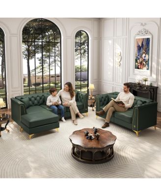 Faux Leather Modular Chesterfield Sofa with Metal Trim and 5 Pillows