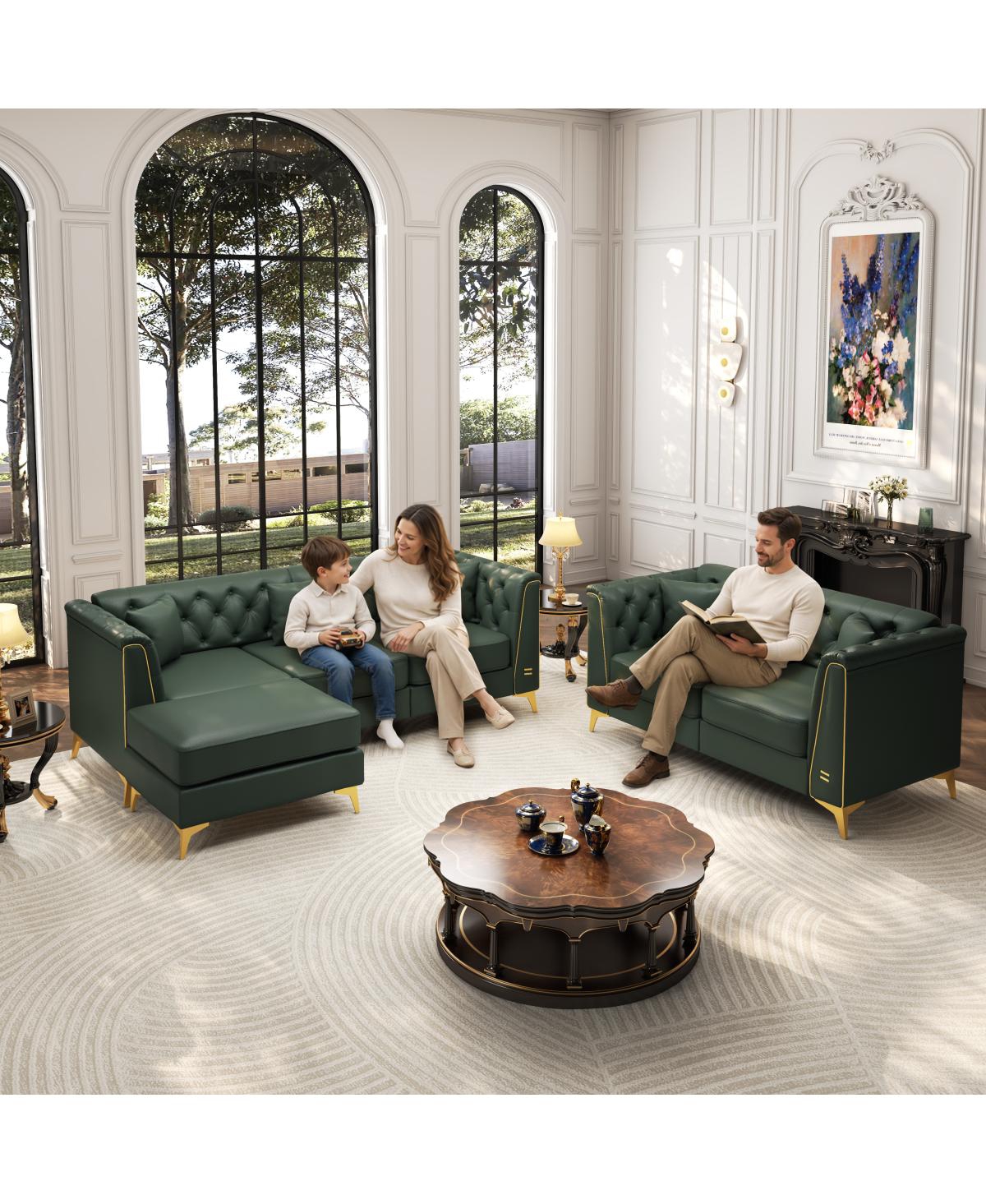 Streamdale Furniture Faux Leather Modular Chesterfield Sofa with Metal Trim and 5 Pillows - Green