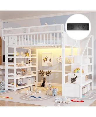 Metal Full Loft Bed with Stairs, Storage Rack, and Charging Station