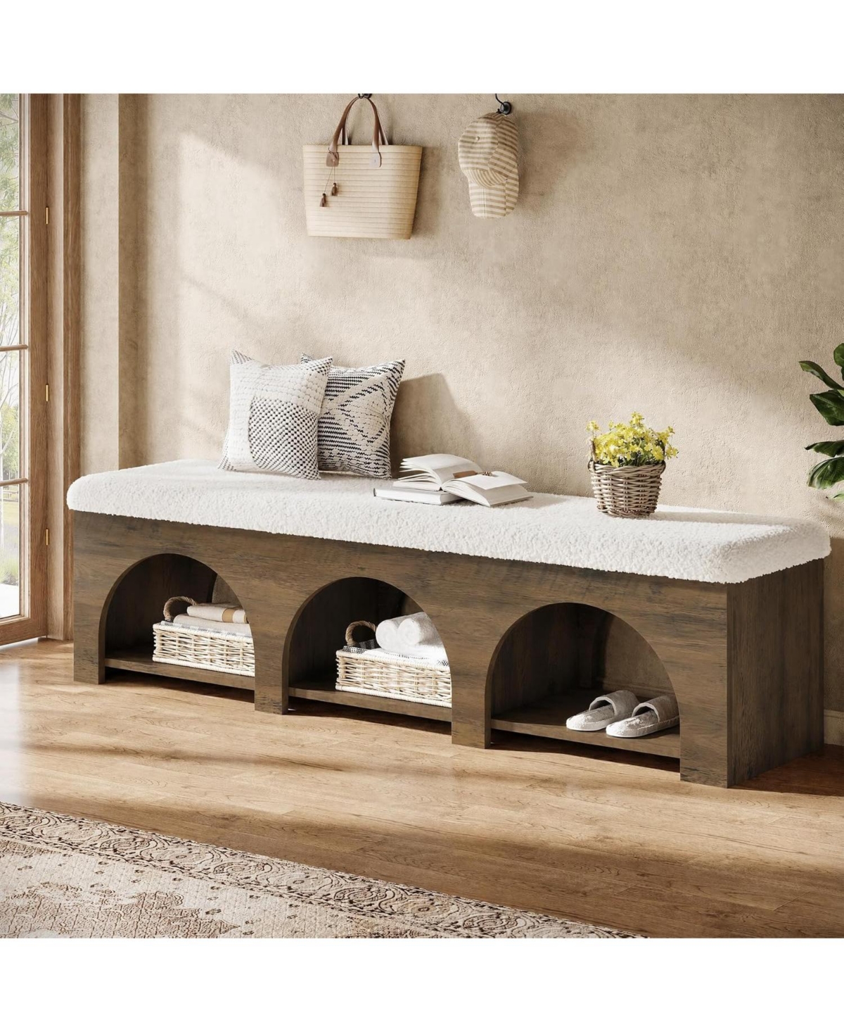 Tribesigns 63" Upholstered Entryway Bench, 2-Tier Entry Shoe Bench with Cushion and Storage Shelf, Farmhouse Padded Ottoman - Dark brown and white