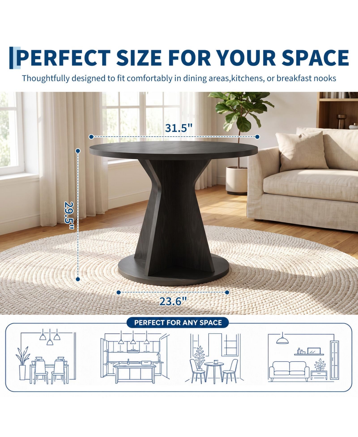 homfan Round Dining Table, Modern Pedestal Kitchen Table with 1.18" Thick Tabletop & Sturdy Base, Seats 4