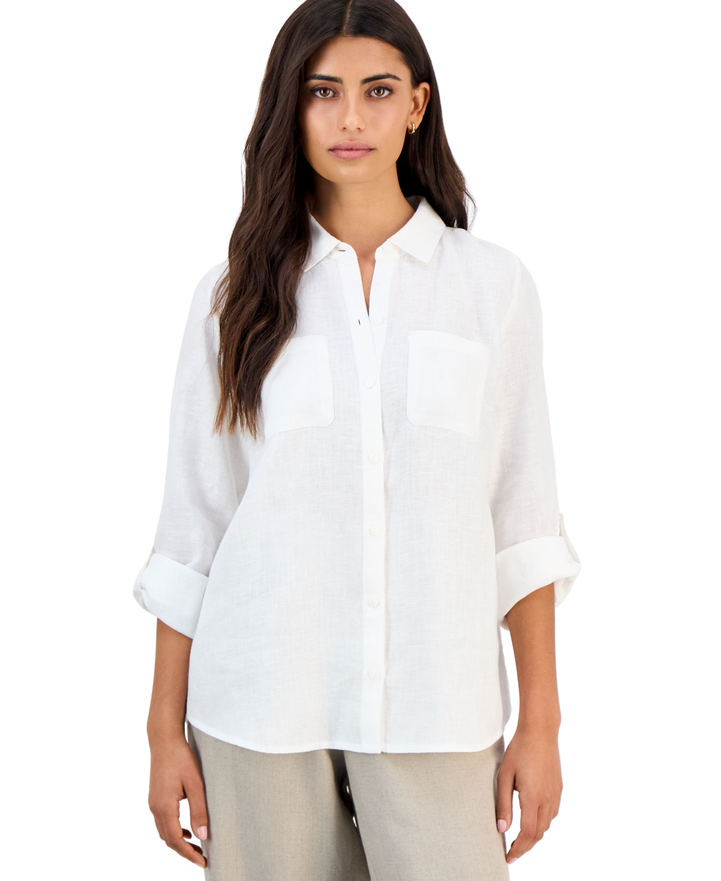 Женская рубашка Charter Club Petite Linen 3/4-Sleeve Roll-Tab, цвет: Яркий белый — фото 3