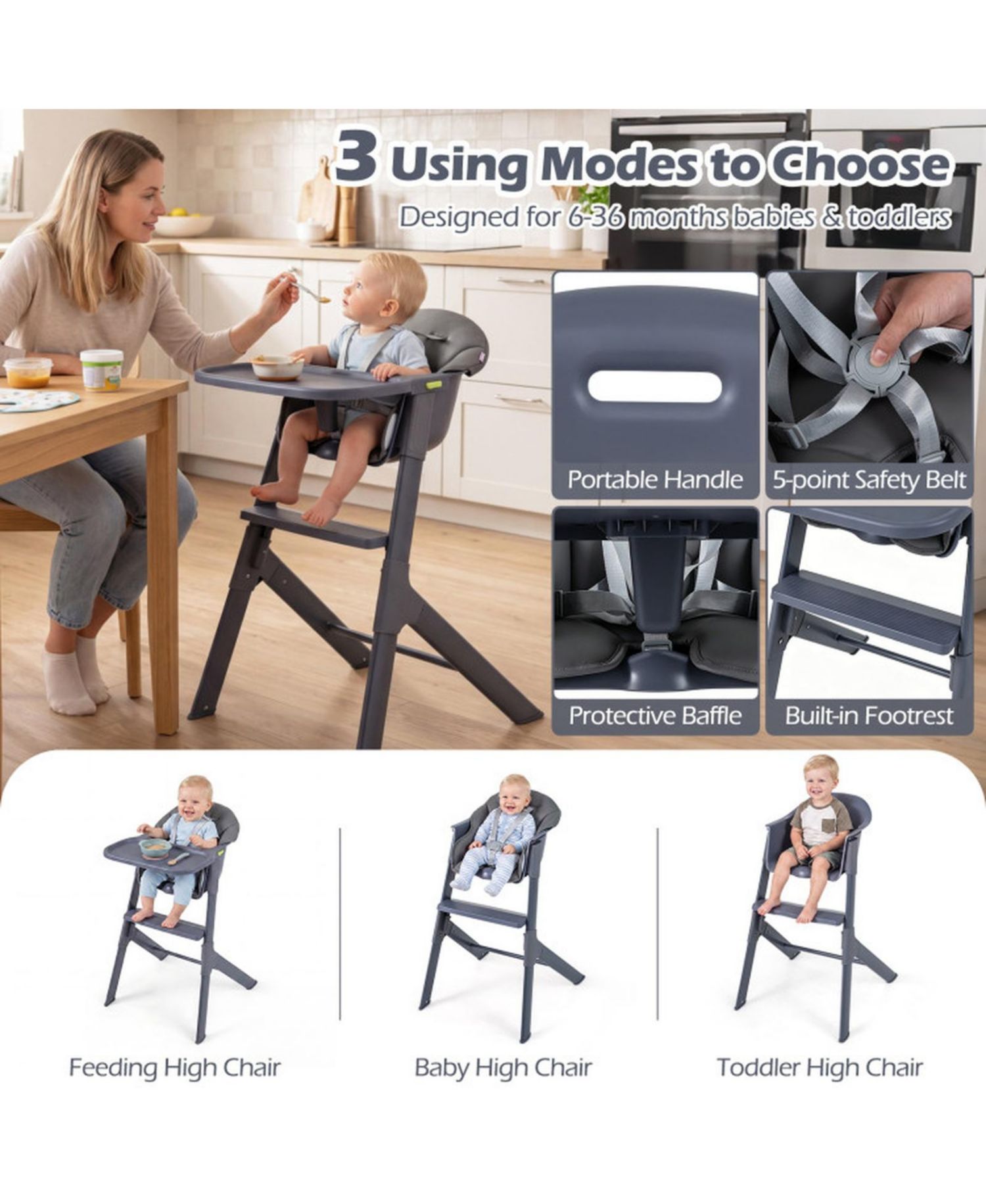 Footrest-Equipped 3-in-1 Washable High Chair for Toddlers