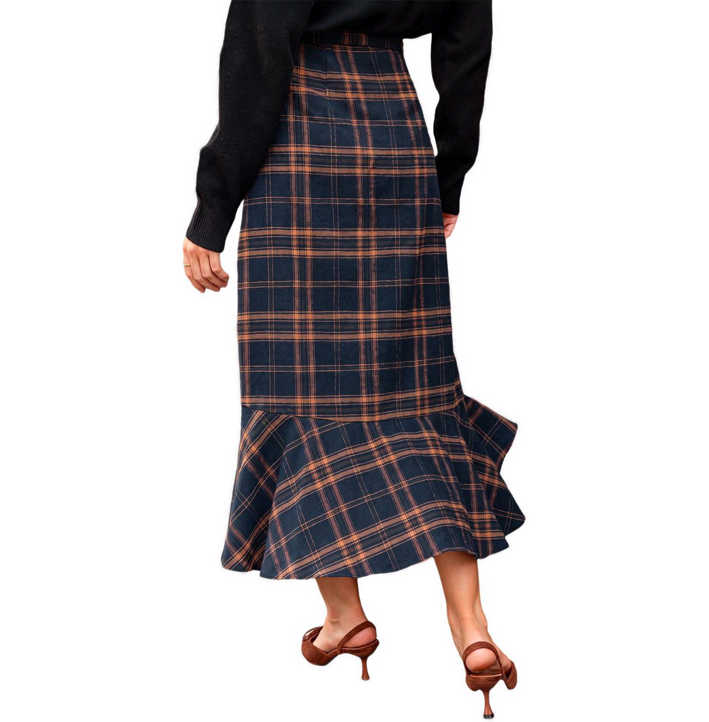 Женская юбка Cupshe Extra Credit Plaid High-Waisted Asymmetrical Midi, цвет: Тёмный синий — фото 3