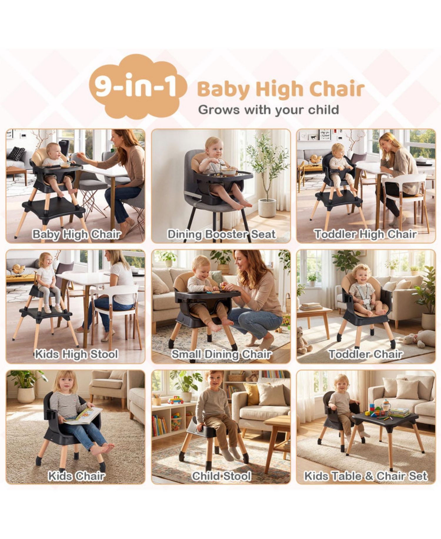 Convertible High Chair with Solid Wood Legs and 5-Point Harness