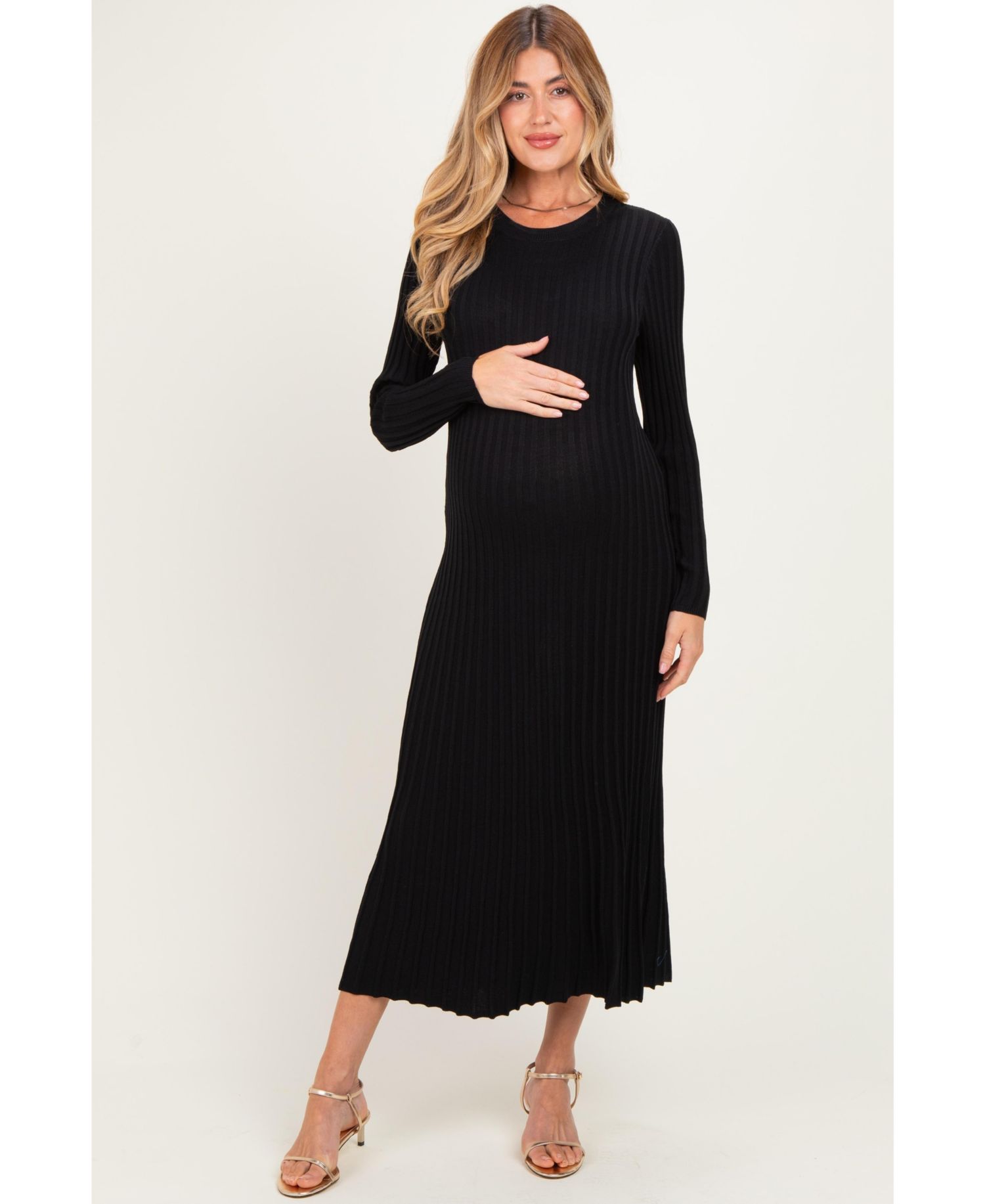 Maternity Long-Sleeve Ribbed Crewneck Sweater Midi Dress