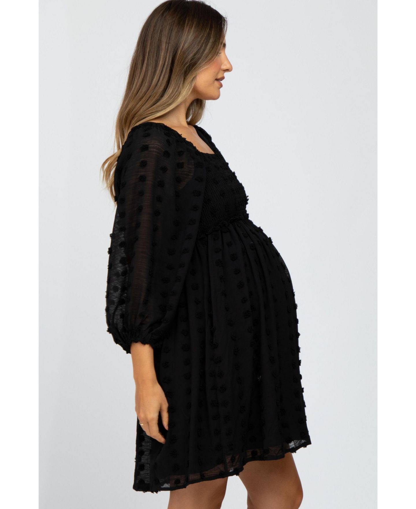 Женское платье Pinkblush Black Textured Dot Smocked Square Neck Chiffon, цвет: Чёрный — фото 2
