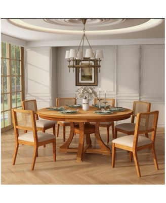 7-Piece French Country Extendable Round Dining Table and 6 Rattan Chairs Set