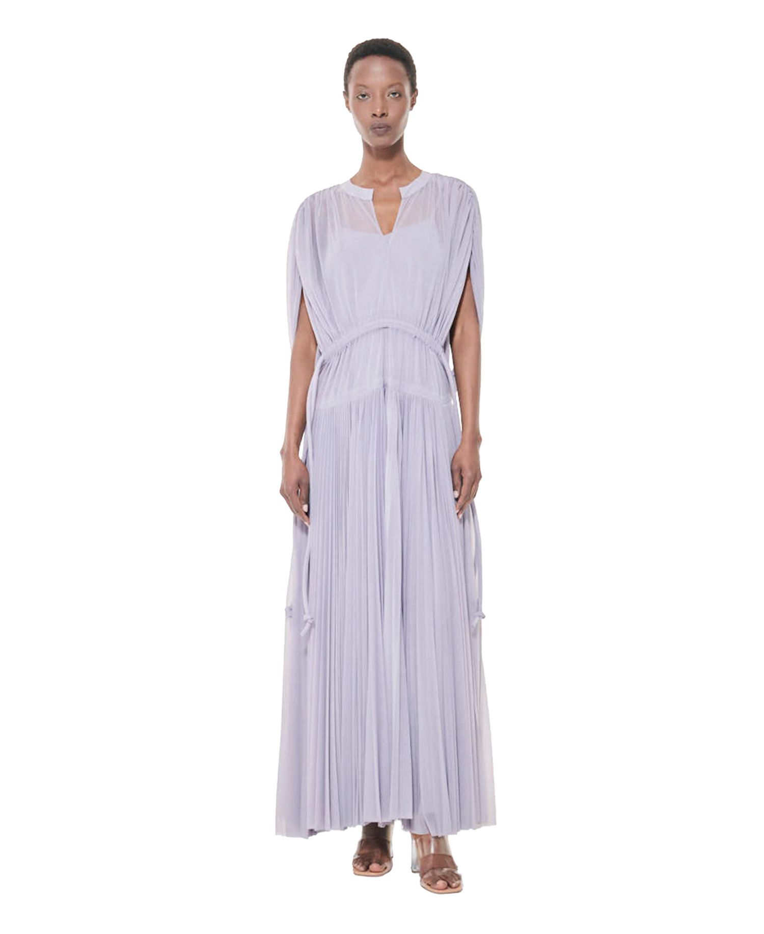 Women's Pleated Marked Waist Short-Sleeve Maxi Dress