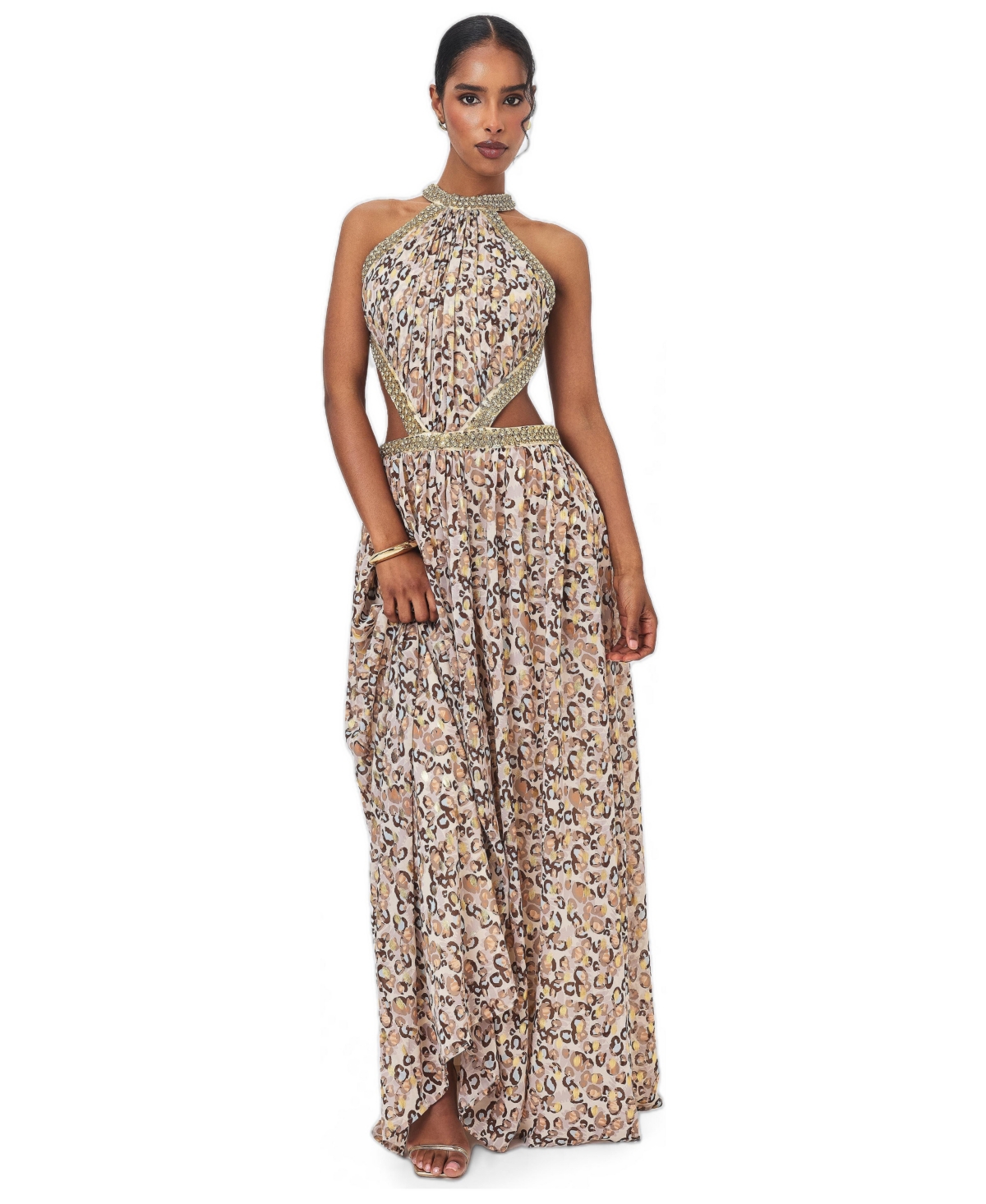 Miss Circle Women's Quinnlyn Beige Cheetah Print Chiffon Halter Maxi Dress