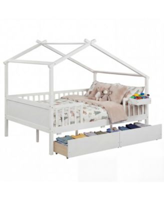 Full Size House Bed with Roof Fence Rails and 2 Storage Drawers for Kids