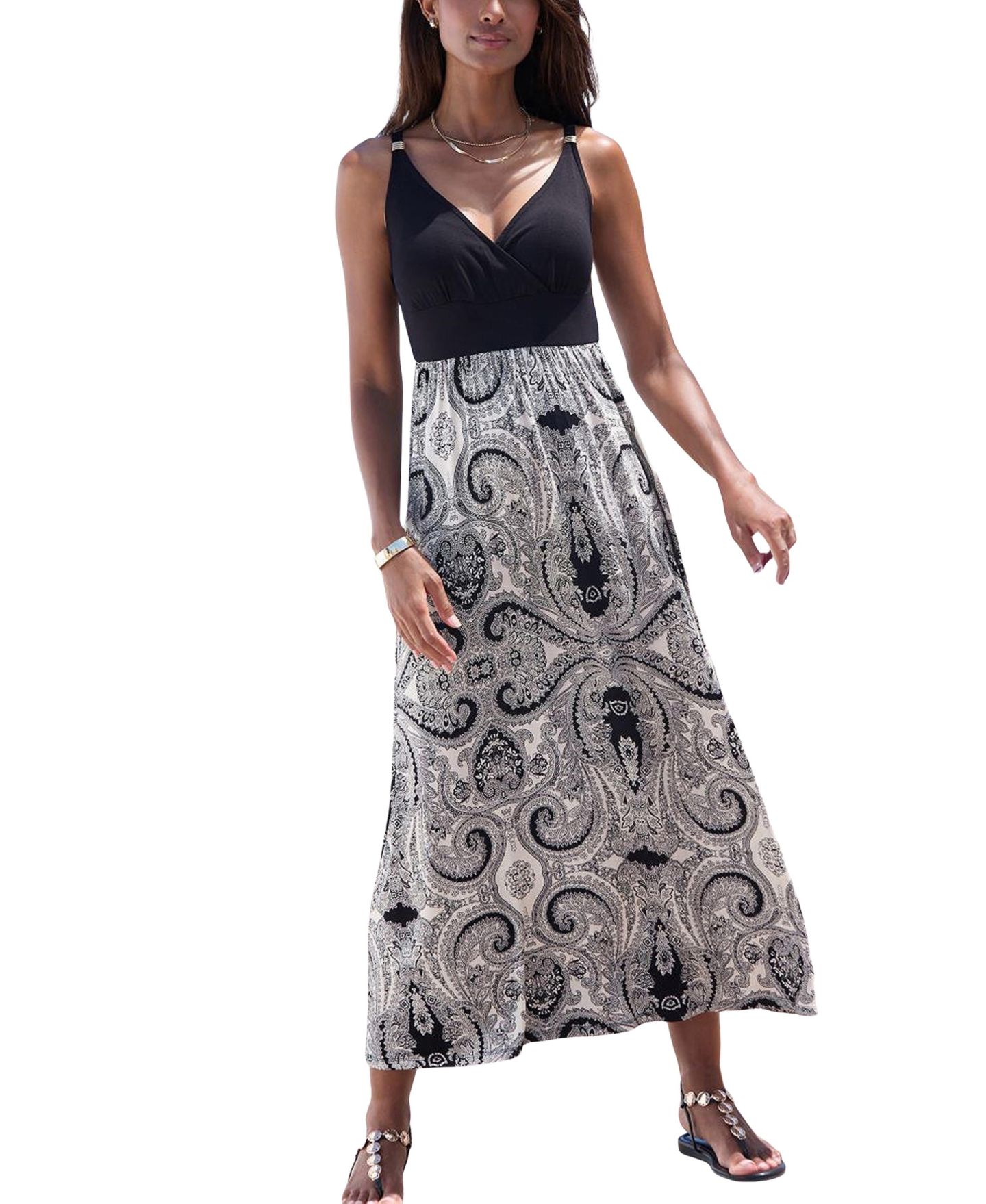 Женское платье Lascana Paisley Empire Waist Maxi, цвет: Чёрный / Молочный — фото 1
