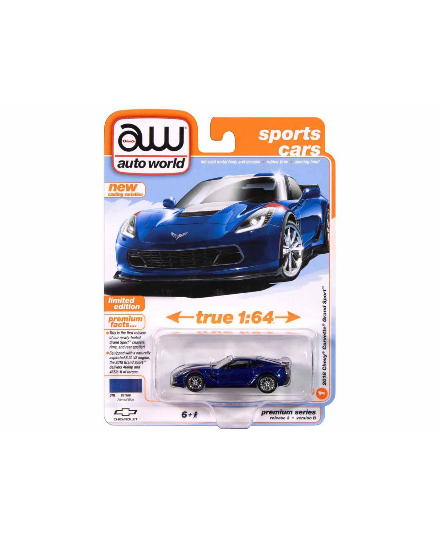 Детская игрушка Auto World 1/64 Scale Sports Cars 2018 Chevrolet Corvette Grand Sport Diecast Model Car — фото 4