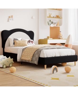 Twin Size Bed Frame for Kids, Cute Velvet Upholstered Platform Bed with Berber Fleece Headboard and Wood Slats, for Girls Boys Bedroom