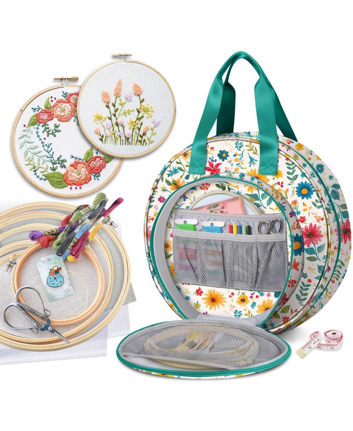 Aeelike Embroidery Project Tote Bag Large Capacity Storage Carrying Kit - Apricot bloom