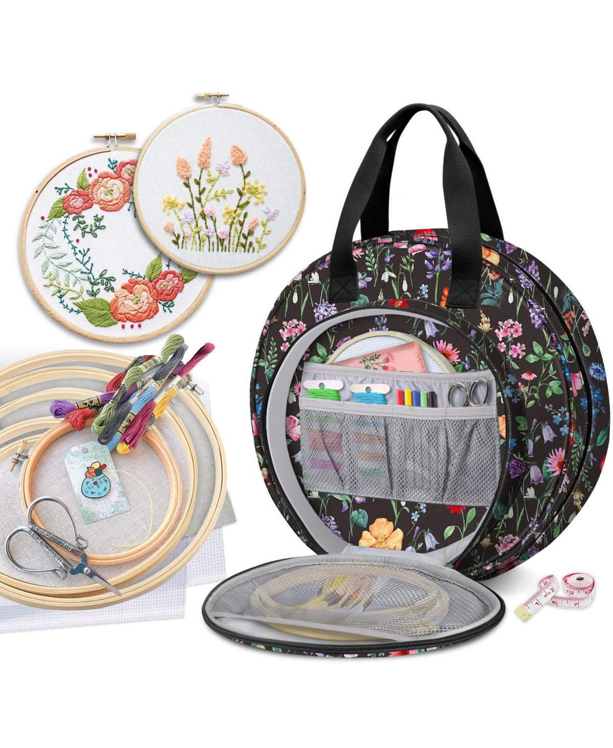 Aeelike Embroidery Project Tote Bag Large Capacity Storage Carrying Kit - Black floral