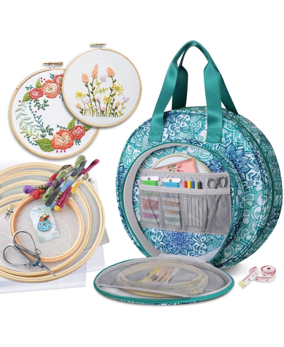 Aeelike Embroidery Project Tote Bag Large Capacity Storage Carrying Kit - Emerald illusions