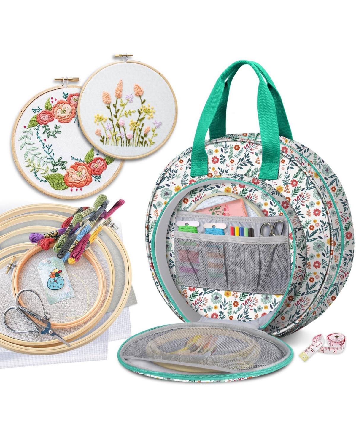 Aeelike Embroidery Project Tote Bag Large Capacity Storage Carrying Kit - Spring bloom